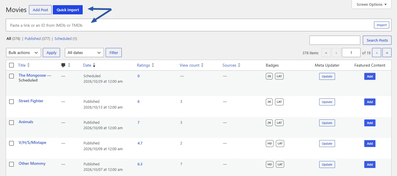 The Movies list with the Quick import field open and a TMDb link pasted