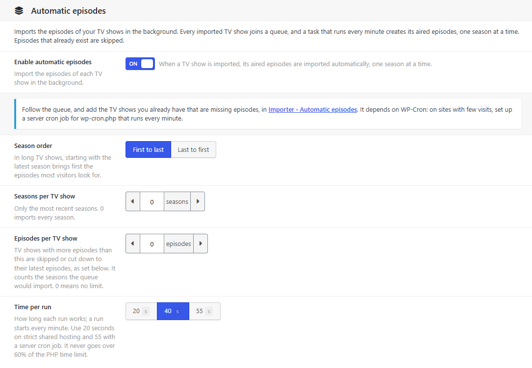 Dbmovies › Settings › Data Importer › Automatic episodes, with all its settings