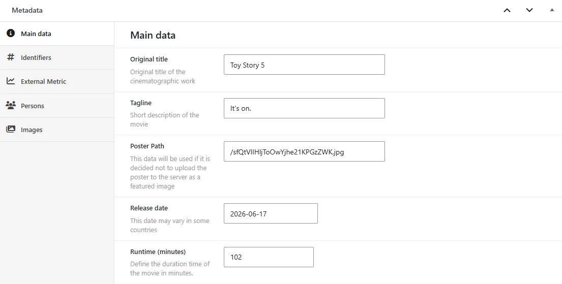 The Metadata box of a movie, with its tabs and the Main data tab open