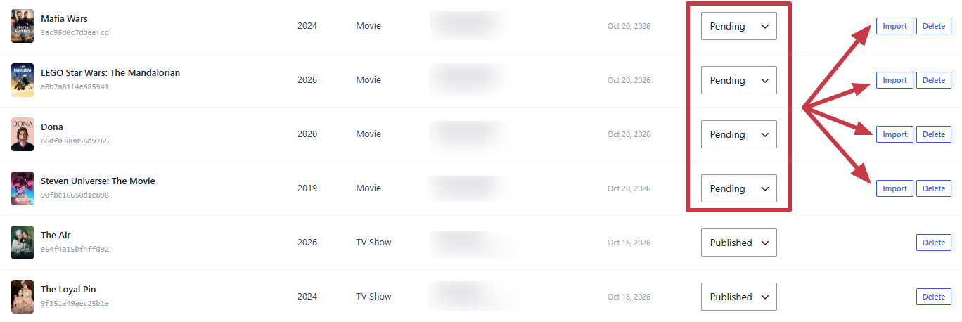 A request being imported, with the Importing… state on its row