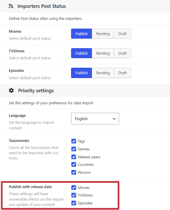 Dbmovies › Settings › Data Importer › Initial settings, with Language, Taxonomies and Publish with release date