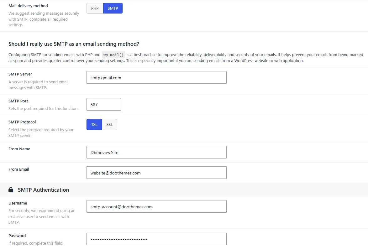 SMTP server connection settings for sending system emails.
