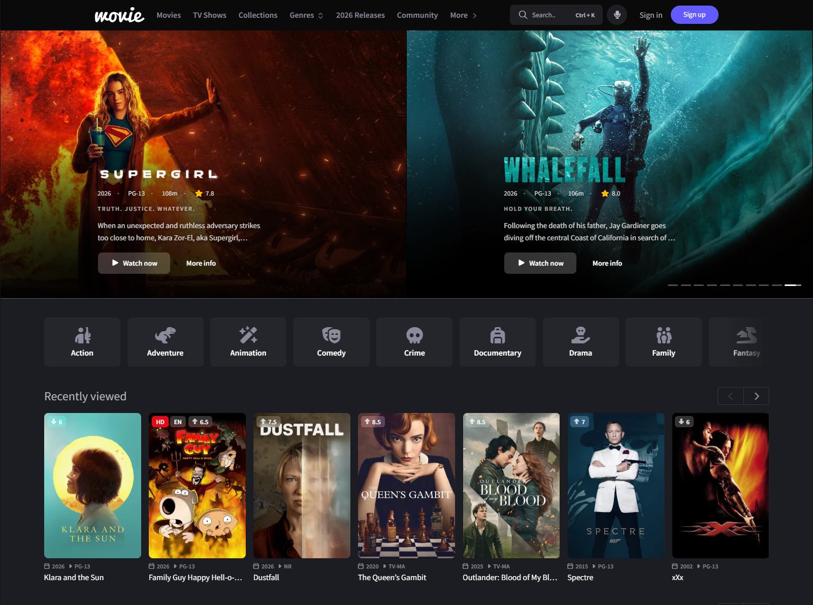 The home page of Wovie on a computer, with the featured carousel, the genres and the Most viewed today row