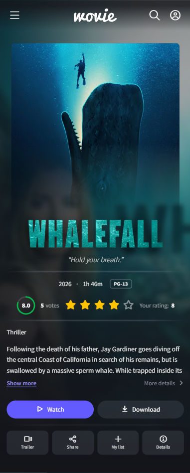 A movie page of Wovie on a phone, with the player open inside the page